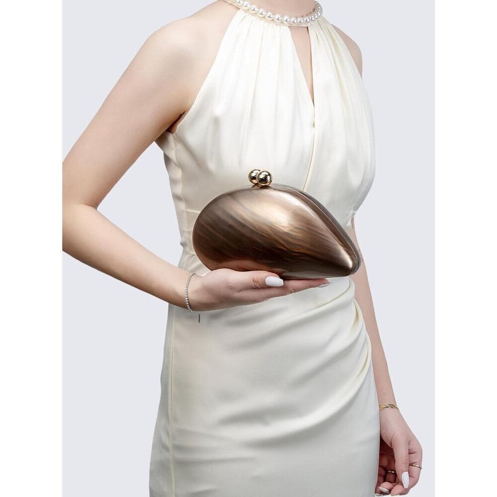 Women's Gold Acrylic Evening Clutch Glitter Marble Seashell Chain Shoulder Bag - Picture 2 of 6